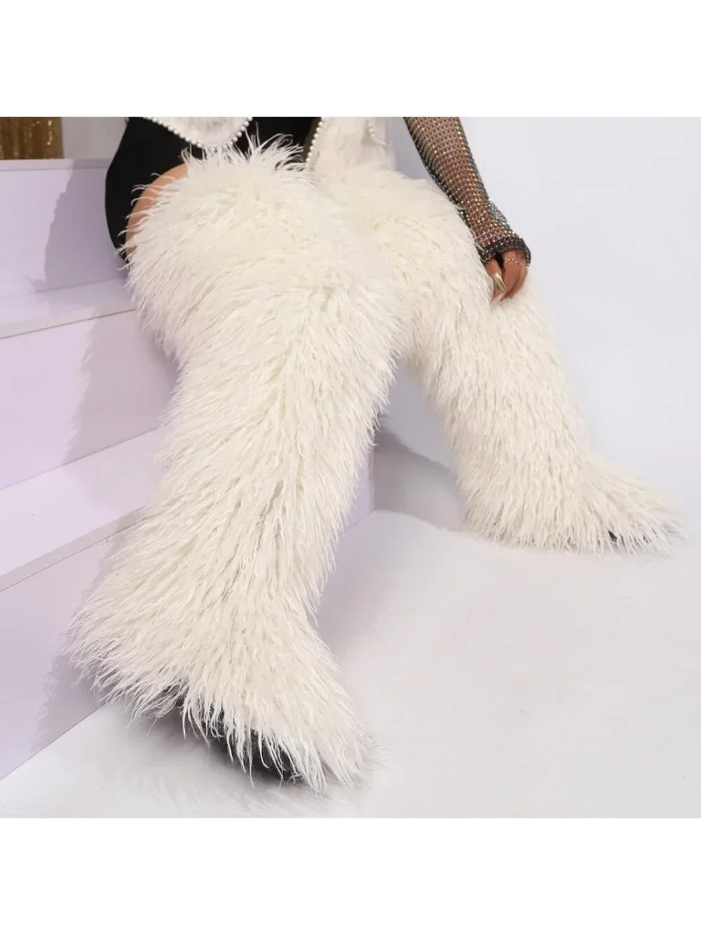 Women's Beige Round Toe Comfort Over The Knee Fluffy Fur Thigh High Boots